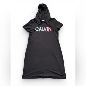 Calvin Klein Women’s T-Shirt Dress with Hood Black w/ Multicolored Logo Size L
